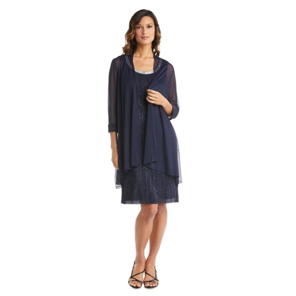 Brand New R&M Richards Navy Glitter Chiffon Dress & Flyaway Jacket Set – Size 18